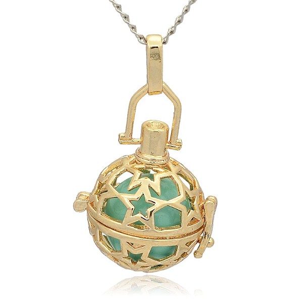 

PandaHall Golden Tone Brass Hollow Round Cage Pendants, with No Hole Spray Painted Brass Round Beads, Medium Turquoise, 35x25x21mm, Hole...