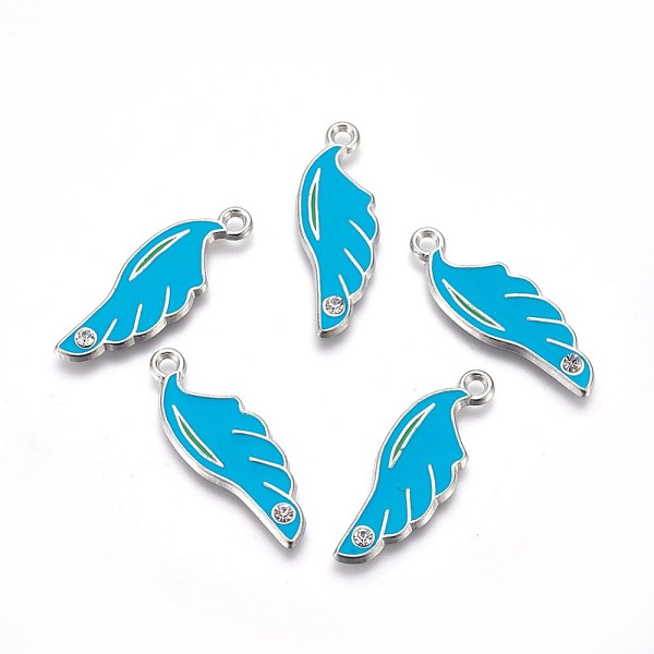 

PandaHall Alloy Enamel Pendants, Cadmium Free & Lead Free, with Rhinestone, Christmas Feather, Platinum, Sky Blue, about 34mm long, 12mm...