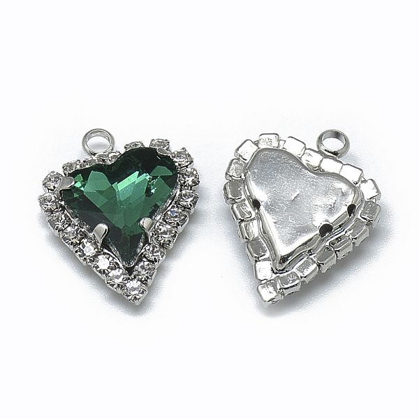 PandaHall Glass Rhinestone Pendants, with Platinum Tone Brass Findings, Heart, Emerald, 21x16.5x6mm, Hole: 2mm Brass+Rhinestone Heart Green