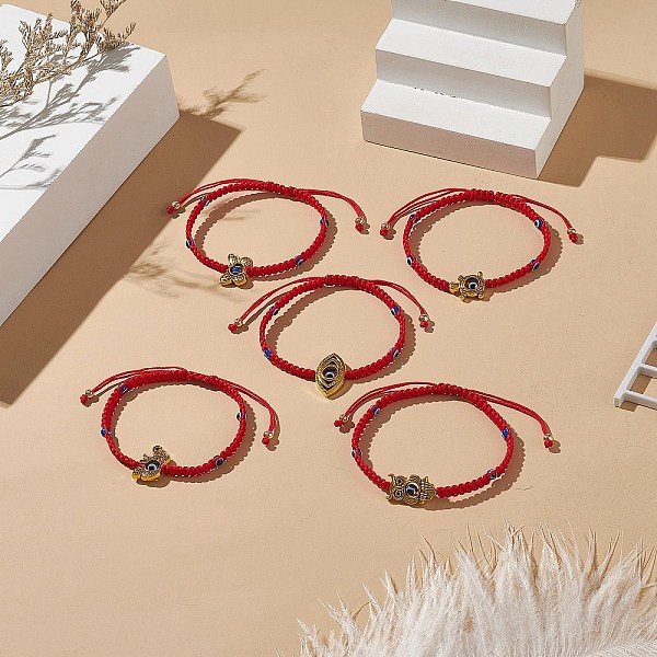 

PandaHall Resin Evil Eye Braided Bead Bracelet with Alloy Animal Beaded for Women, Red, Mixed Patterns, Inner Diameter: 2-1/8 inch(5.5cm)...