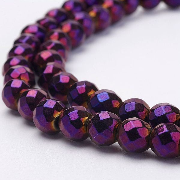 PandaHall Electroplate Magnetic Synthetic Hematite Strands, Round, Faceted, Grade A, Purple Plated, 6mm, Hole: 1mm, about 70pcs/strand...