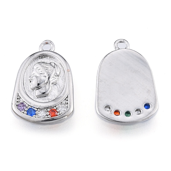 

PandaHall Brass Micro Pave Colorful Cubic Zirconia Pendants, Cadmium Free & Nickel Free & Lead Free, Half Oval with Woman, Real Platinum...