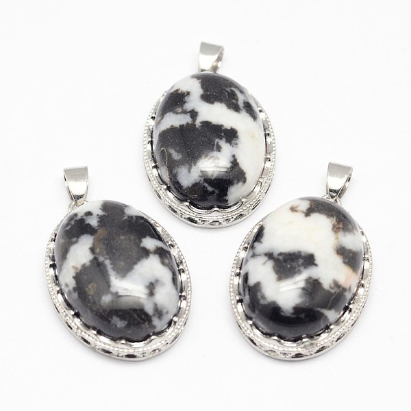 

PandaHall Natural Zebra Jasper Pendants, with Brass Findings, Oval, Platinum, 30x21x10~11mm, Hole: 6x4mm Zebra Jasper Oval