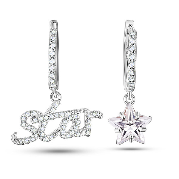 

PandaHall SHEGRACE Rhodium Plated 925 Sterling Silver Huggie Hoop Earrings, Asymmetrical Earrings, with Clear Grade AAA Cubic Zirconia, Word...