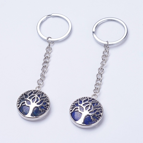 

PandaHall Natural Lapis Lazuli Keychain, with Iron Key Rings, Iron Chain and Brass Finding, Flat Round with Tree of Life, 100~120mm, Pendant...