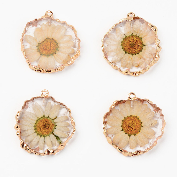 

PandaHall Resin Pendants, with Dried Flower and Edge Light Gold Plated Iron Loop, Flat Round, Clear, 33.5~35x31~32x4.5~5.5mm, Hole: 1.6mm...