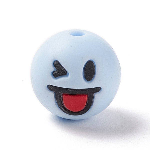 

PandaHall Silicone Beads, Baby Chewing Beads For Teethers, Round with Smiling Face, Sky Blue, 15.5mm, Hole: 2mm Silicone Round