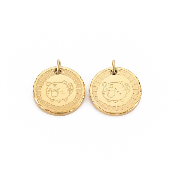 

PandaHall Ion Plating(IP) 304 Stainless Steel Pendants, with Jump Rings, Flat Round with Tiger, Real 14K Gold Plated, 16x2mm, Jump Ring...