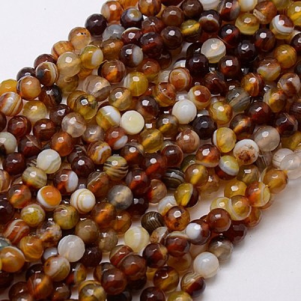 

PandaHall Natural Striped Agate/Banded Agate Beads Strands, Faceted, Dyed, Round, Saddle Brown, 6mm, Hole: 1mm Banded Agate Round Brown