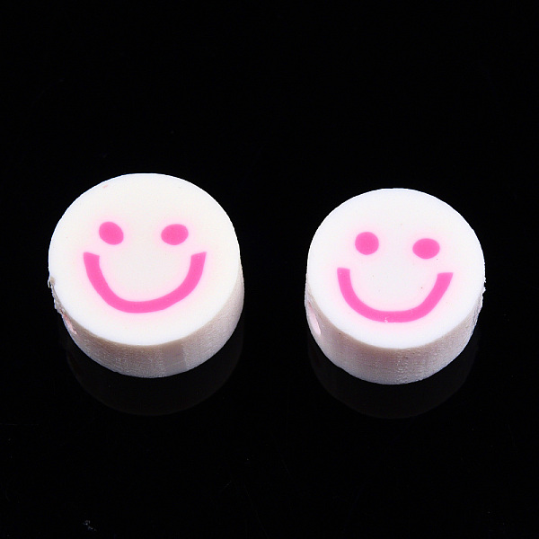 

PandaHall Handmade Polymer Clay Beads, Flat Round with Smiling Face, Hot Pink, 9~10x4mm, Hole: 1.2~1.6mm Polymer Clay Flat Round