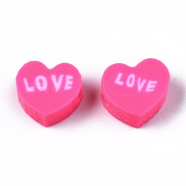 

PandaHall Handmade Polymer Clay Beads, Heart with Word Love, Hot Pink, 8~8.5x9~9.5x4.5mm, Hole: 1.8mm Polymer Clay Heart