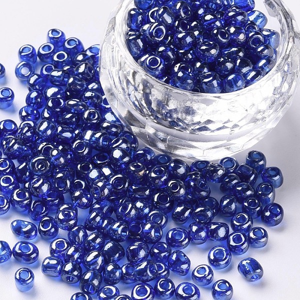 

PandaHall Glass Seed Beads, Trans. Colours Lustered, Round, Blue, 4mm, Hole: 1.5mm, about 4500pcs/pound Glass Blue