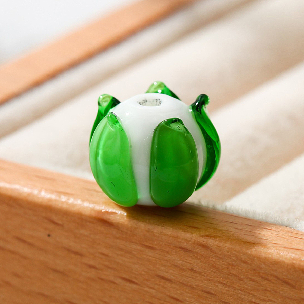

PandaHall Handmade Lampwork Beads, Flower Shape, Green, 12x10mm, Hole: 2mm Lampwork Flower Green