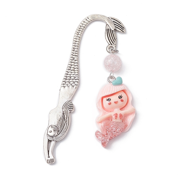 PandaHall Mermaid Resin Pendant Bookmarks, with Synthetic Crackle Quartz Bead, Pink, 78.5mm, Pendant: 47x28x8mm Resin Mermaid Pink