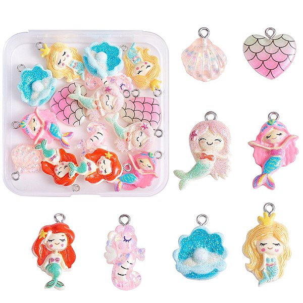 PandaHall 32Pcs 8 Styles Opaque & Transparent Resin Pendants, Mermaid Theme Charm, with Sequins and Platinum Tone Iron Loops, Mermaid &...
