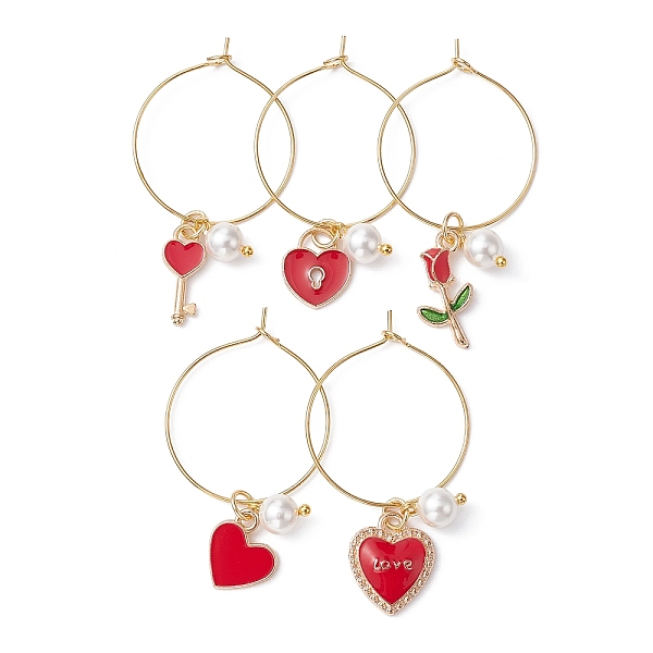 

PandaHall Valentine's Day Alloy Enamel Wine Glass Charms, with Brass Wine Glass Charm Rings and Shell Pearl Beads, Rose/Heart/Key, Red...