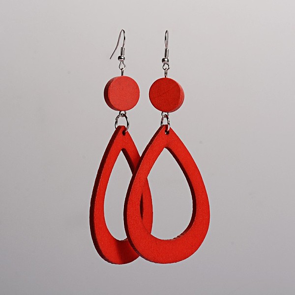 

PandaHall Trendy Teardrop Wood Dangle Earrings, with Platinum Plated Iron Earring Hooks, Red, 105x45mm, Pin: 0.8mm Wood Red