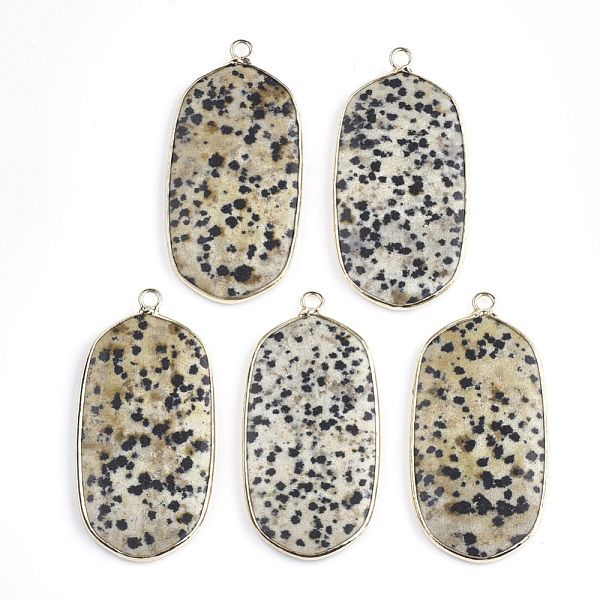 

PandaHall Natural Dalmatian Jasper Pendants, with Brass Findings, Oval, Golden, 47x23x4mm, Hole: 2mm Dalmatian Jasper Oval
