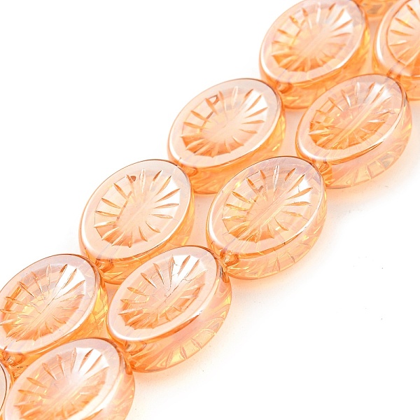 PandaHall Electroplate Glass Beads Strands, Pearl Luster Plated, Oval with Flower, Orange, 14x10.4x4.8mm, Hole: 1.2mm, about 45pcs/strand...