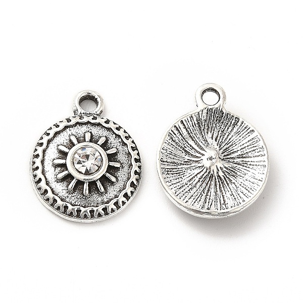 

PandaHall Rack Plating Alloy Rhinestone Pendants, with Jump Rings, Flat Round with Sun Charms,Antique Silver, Crystal, 17.5x13.5x4mm, Hole..., Clear