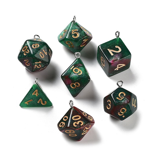 

PandaHall 7Pcs 7 Styles Transparent Resin Polyhedral Dice Pendants Set, Pearlized Multi-Sided Dice Charms with Platinum Plated Iron Loops..., Green