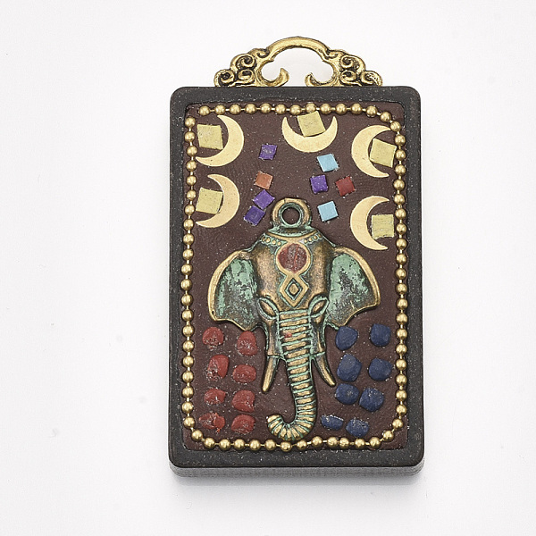 

PandaHall Handmade Indonesia Big Pendants, Wood Settings, with Brass Findings and Alloy Loop, Rectangle with Hindu Elephant God Lord Ganesh...