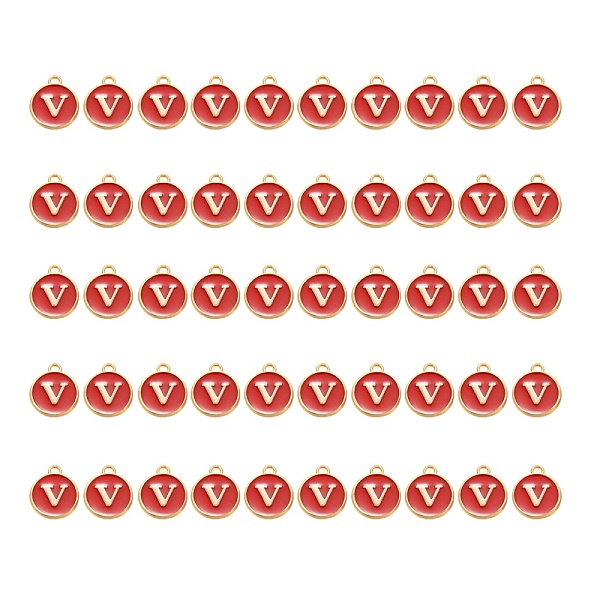 

PandaHall Golden Plated Alloy Charms, with Enamel, Enamelled Sequins, Flat Round, Red, Letter.V, 14x12x2mm, Hole: 1.5mm, 50pcs/Box...