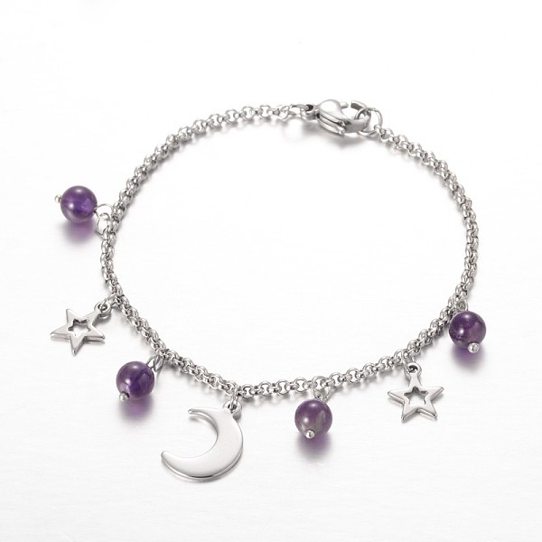 

PandaHall Moon & Star Stainless Steel Gemstone Charm Bracelets, with Lobster Claw Clasps, Amethyst, 7-1/4 inch(185mm) Amethyst