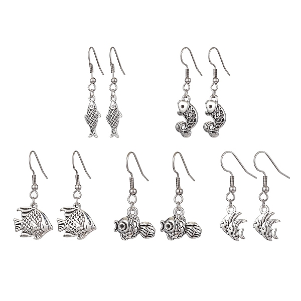 

PandaHall Fish Alloy Dangle Earrings, 304 Stainless Steel Earring for Women, Antique Silver, 35~43x8.5~18.5mm Alloy Fish