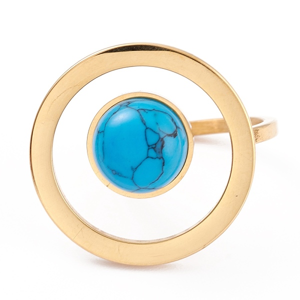 

PandaHall Ion Plating(IP) 304 Stainless Steel Finger Rings, with Synthetic Turquoise Round Bead, Golden, Size 6~9, Inner Diameter...