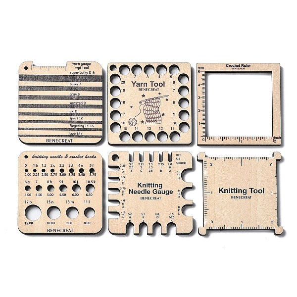 PandaHall Square Wooden Knitting Needle Gauge & Yarn Wrap Per Inch Guide & Crochet Ruler Board, Wheat, 6.3x6.3x0.5cm, 6 style, 1pc/style...