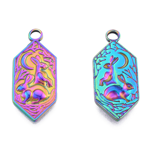 

PandaHall Ion Plating(IP) 201 Stainless Steel Pendants, Hexagon with Rabbit, Rainbow Color, 28x12x2.5mm, Hole: 2.5mm 201 Stainless Steel...