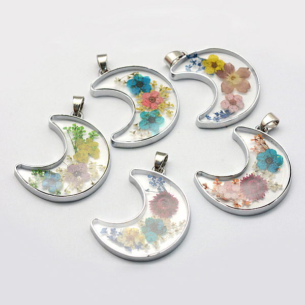 

PandaHall Alloy Resin Pendants, Moon, with Dried Flower inside, Platinum, Mixed Color, 36x28.5~29x4mm, Hole: 4.5x5mm Alloy+Resin Moon..., Multicolor