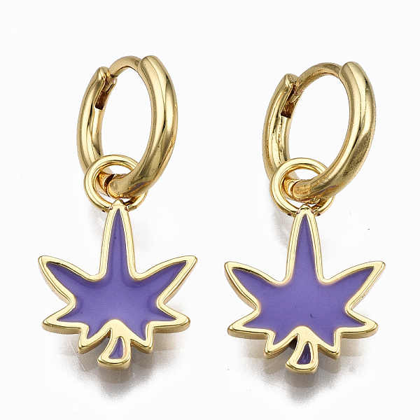 

PandaHall Brass Enamel Huggie Hoop Earrings, Nickel Free, Real 16K Gold Plated, Maple Leaf, Medium Orchid, 27x13mm, Pin: 1mm Brass Leaf