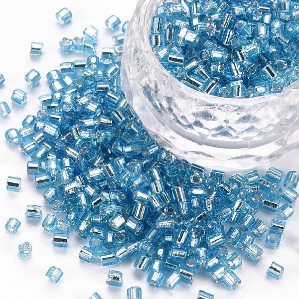 

PandaHall 8/0 Glass Bugle Beads, Silver Lined, Sky Blue, 2.5~3x2.5mm, Hole: 1mm, about 15000pcs/pound Glass