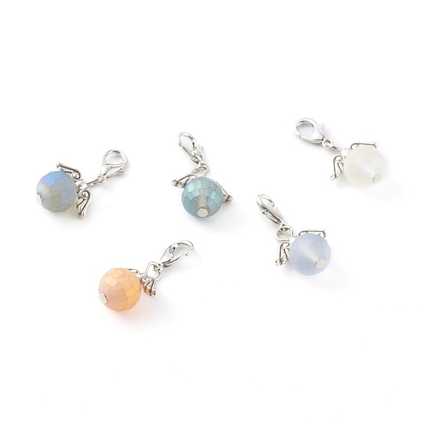 

PandaHall Frosted Glass Pendants, with Zinc Alloy Lobster Claw Clasps and Alloy Wing Beads, Faceted Round, Platinum , Mixed Color, 29mm..., Multicolor