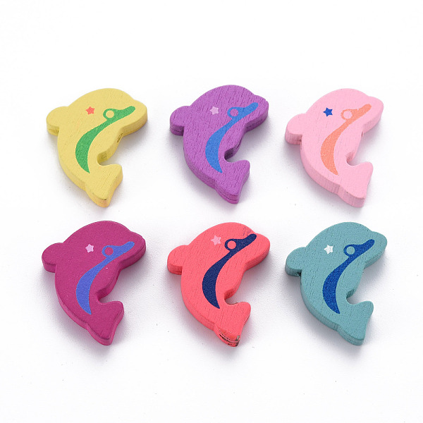 

PandaHall 6 Styles Printed Natural Wooden Beads, Dyed, Dolphin, Mixed Color, 24x19x5mm, Hole: 2mm, about 640pcs/500g Wood Dolphin Multicolor