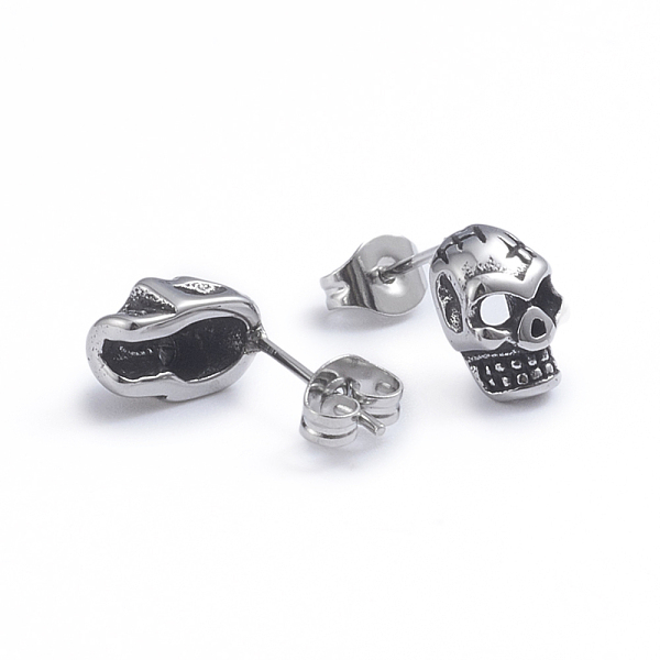 

PandaHall Retro 304 Stainless Steel Stud Earrings, with Ear Nuts, Skull, Antique Silver, 9x6mm, Pin: 0.6mm 304 Stainless Steel Skull