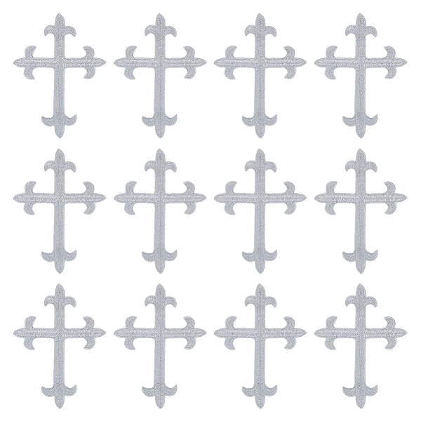 

PandaHall Cross Fleury Polyester Embroidery Iron on Applique Patch, Sewing Craft Decoration, Silver, 95x70x1mm Polyester Cross Silver