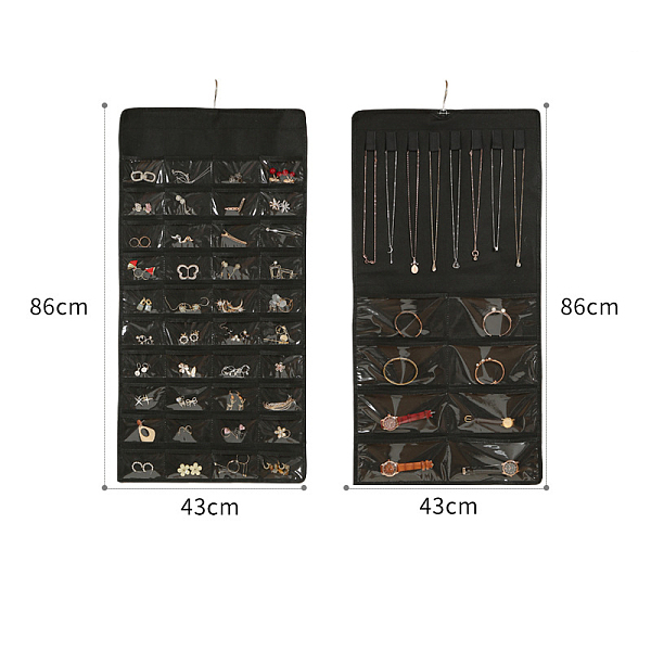

PandaHall 48-Pocket Rectangle Foldable Non-woven Fabric Jewelry Roll, Wall-Mounted Jewelry Hanging Organizers for Pendants, Earrings, Rings..., Black