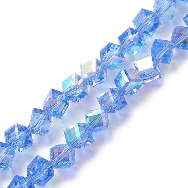 

PandaHall Electroplate Transparent Glass Beads Strands, Faceted, AB Color Plated, Cube, Blue, 9x8.5x8.5mm, Hole: 1.4mm, about 72pcs/strand...