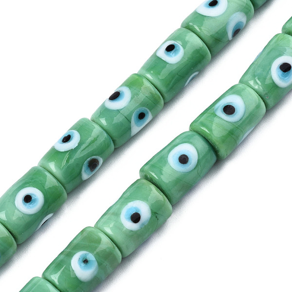 

PandaHall Handmade Evil Eye Lampwork Beads, Column, Medium Aquamarine, 14x10mm, Hole: 1.2mm, about 25pcs/strand, 13.98 inch(35.5cm) Lampwork...