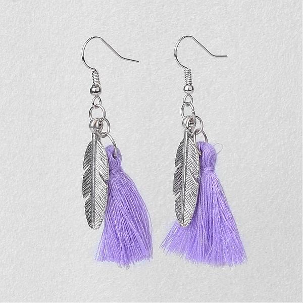 

PandaHall Cotton Thread Dangle Earrings, Tassel Earrings, with Tibetan Style Alloy Pendants, Feather, Mixed Color, 59mm, Pin: 0.7mm Cotton..., Multicolor