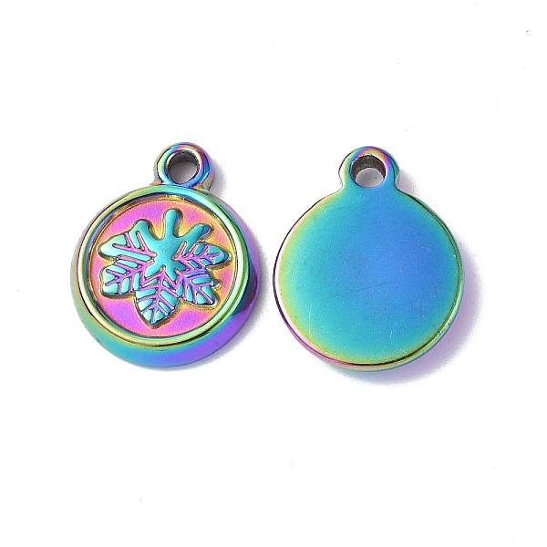 

PandaHall Ion Plating(IP) 304 Stainless Steel Charms, Flat Round with Leaf Charm, Rainbow Color, 13.5x11x2mm, Hole: 1.5mm 304 Stainless...