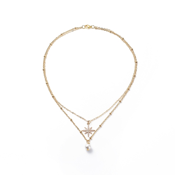 

PandaHall Brass Cable Chains & 304 Stainless Steel Satellite Chains Double Layered Necklace, Shell Pearl & Cubic Zirconia Star Pendants...