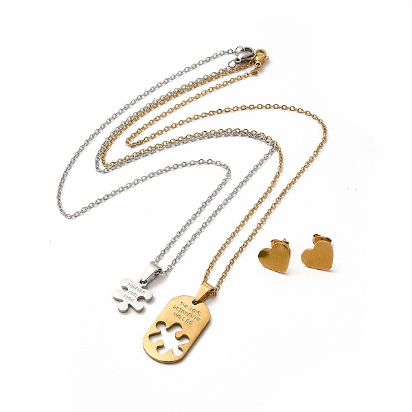 

PandaHall Matching Puzzle Couple Pendant Necklaces & Heart Stud Earrings, Vacuum Plating 304 Stainless Steel Word Love Forever Jewelry Set...