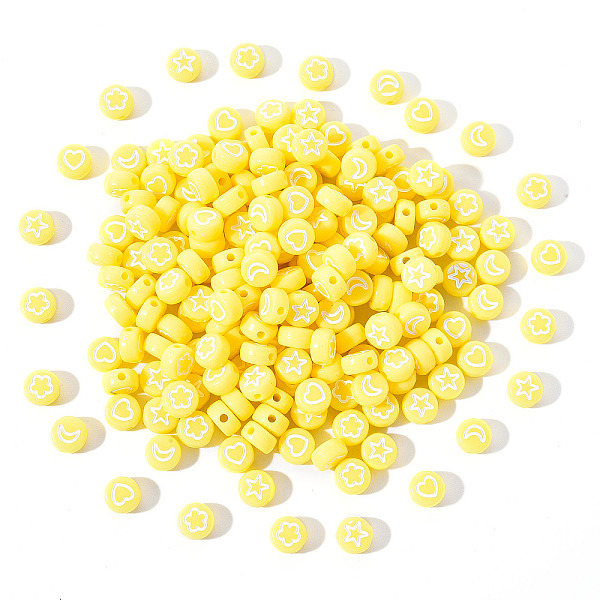 

PandaHall Opaque Acrylic Beads, Flat Round with White Heart & Flower & Moon & Star, Champagne Yellow, 7x4mm, Hole: 1.6mm, 200pcs/set Acrylic...