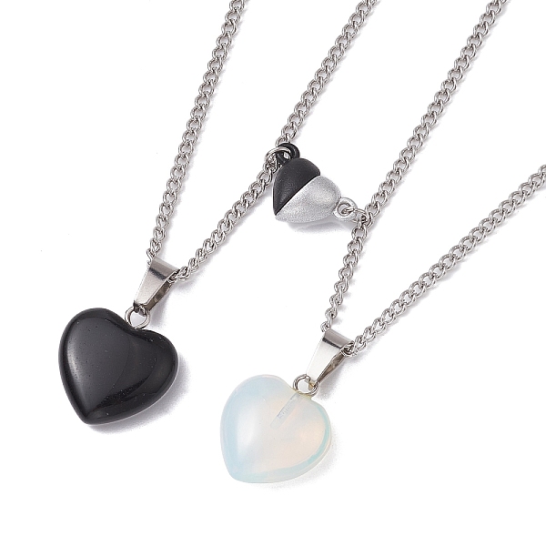 

PandaHall 2Pcs 2 Style Natural Black Stone & Opalite Heart Pendant Necklaces Set, 304 Stainless Steel Magnetic Matching Couple Necklaces...