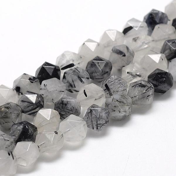 PandaHall Natural Black Rutilated Quartz Beads Strands, Star Cut Round Beads, Faceted, 10x9~10mm, Hole: 1mm, about 39pcs/strand, 15.3 inch...