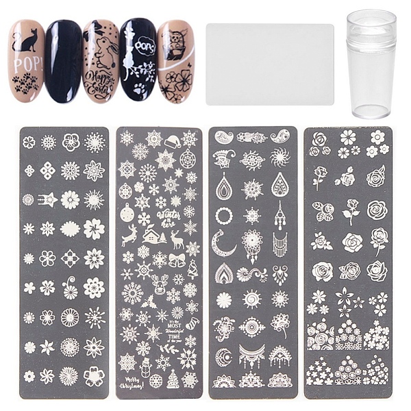 

PandaHall Manicure Tool Sets, with Stainless Steel Nail Art Stamping Plates, Nail Image Templates, Silicone Nail Art Seal Stamp and Scraper...